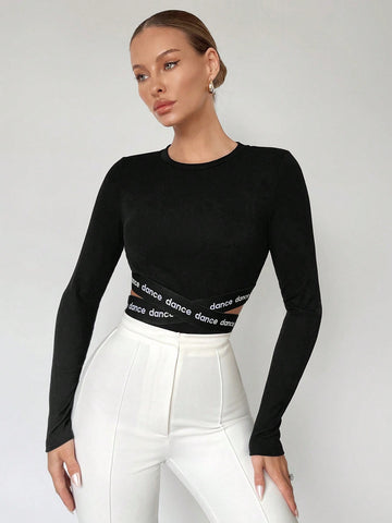 Women'S Letter Print Ribbon Long Sleeve Bodysuit