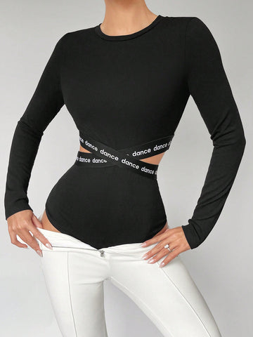 Women'S Letter Print Ribbon Long Sleeve Bodysuit