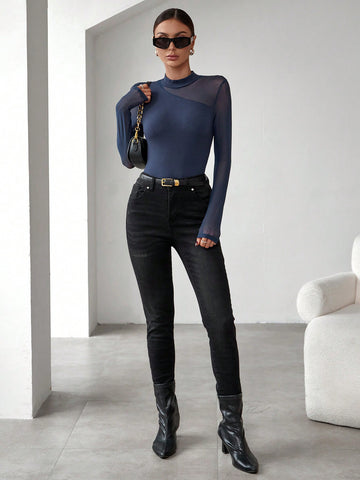 Women'S Mesh Patchwork Stand Collar Bodysuit