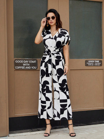 Women'S Random Printed Jumpsuit With Waist Belt