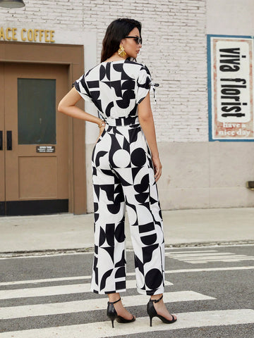 Women'S Random Printed Jumpsuit With Waist Belt