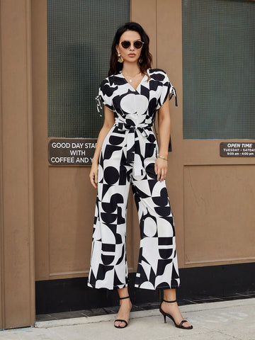 Women'S Random Printed Jumpsuit With Waist Belt