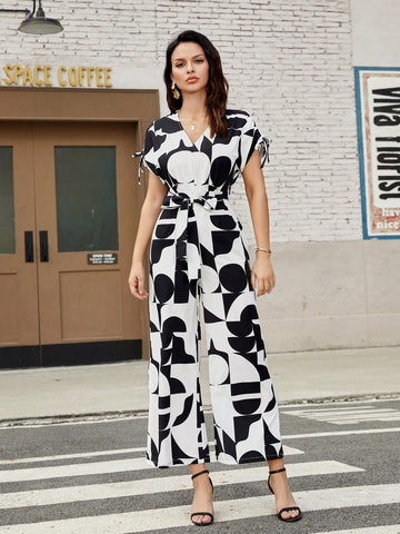 Women'S Random Printed Jumpsuit With Waist Belt