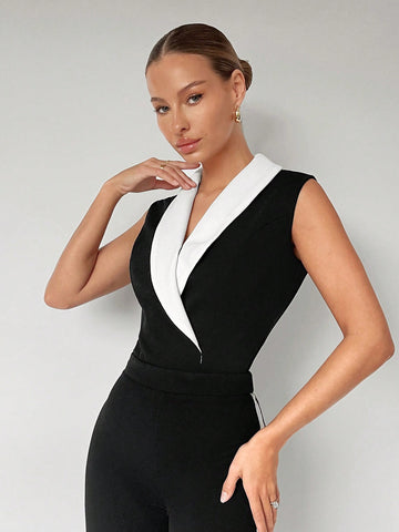 Women'S Sleeveless Bodysuit With Shawl Collar And Color Block Design