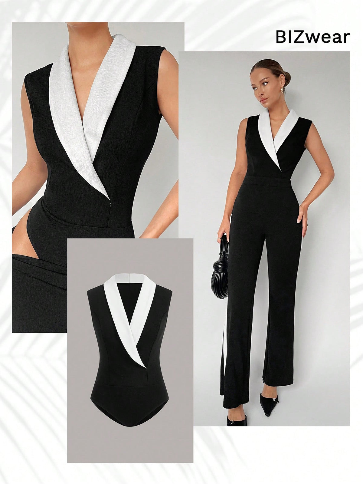 Women'S Sleeveless Bodysuit With Shawl Collar And Color Block Design