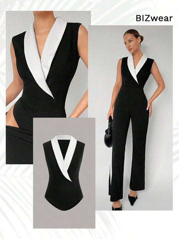 Women'S Sleeveless Bodysuit With Shawl Collar And Color Block Design