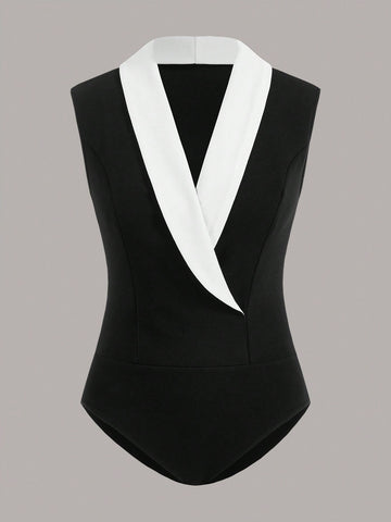 Women'S Sleeveless Bodysuit With Shawl Collar And Color Block Design