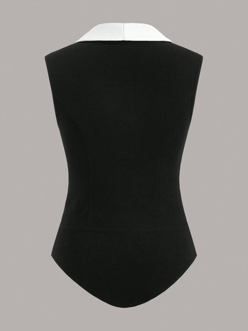 Women'S Sleeveless Bodysuit With Shawl Collar And Color Block Design