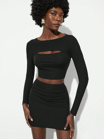 Women'S Solid Color Hollow Out Tight Two Piece Set