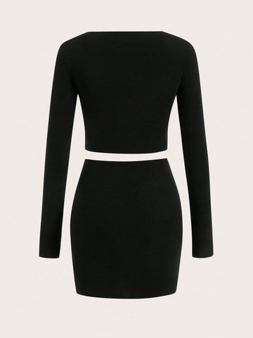 Women'S Solid Color Hollow Out Tight Two Piece Set