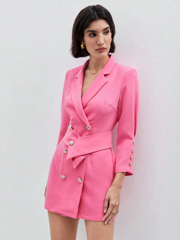 BIZwear Women'S Solid Color Lapel Double-Breasted Wrap Dress