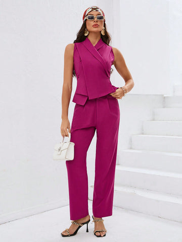Women'S Solid Color Sleeveless Top And Trousers Two-Piece Set