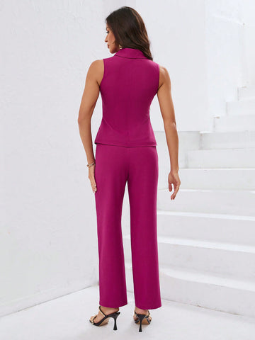 Women'S Solid Color Sleeveless Top And Trousers Two-Piece Set