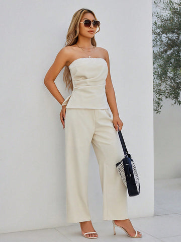 Women'S Solid Color Tube Top And Trousers Two-Piece Set