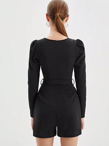 Women'S Spliced Lace Sweetheart Neck Leg-Of-Mutton Sleeve Romper With Belted Waist And Capris