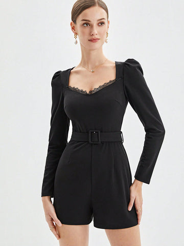 Women'S Spliced Lace Sweetheart Neck Leg-Of-Mutton Sleeve Romper With Belted Waist And Capris