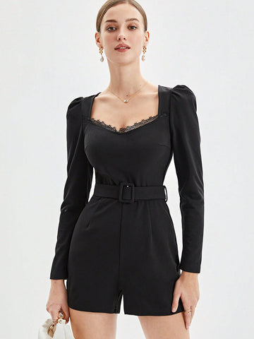 Women'S Spliced Lace Sweetheart Neck Leg-Of-Mutton Sleeve Romper With Belted Waist And Capris