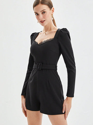 Women'S Spliced Lace Sweetheart Neck Leg-Of-Mutton Sleeve Romper With Belted Waist And Capris