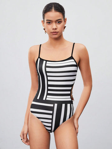 Women'S Striped Hollow Out Bodysuit With Chain Decoration
