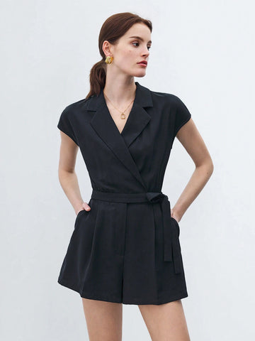 Women Casual Solid Color Lapel Collar Tie Waist Jumpsuit For Spring/Summer