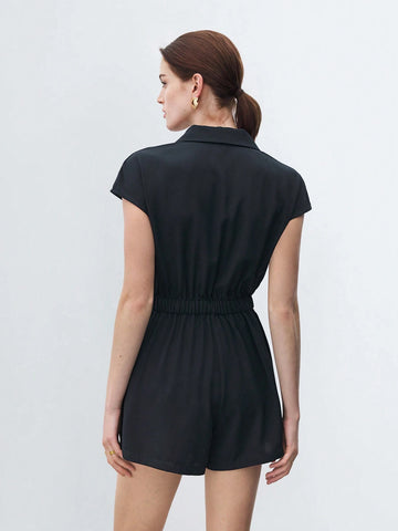 Women Casual Solid Color Lapel Collar Tie Waist Jumpsuit For Spring/Summer