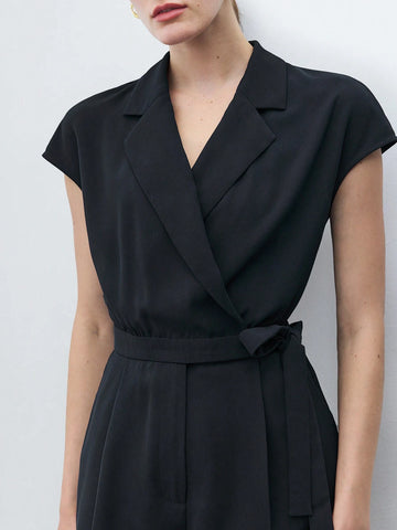 Women Casual Solid Color Lapel Collar Tie Waist Jumpsuit For Spring/Summer