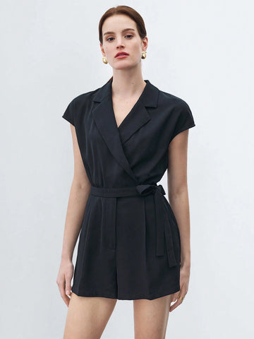 Women Casual Solid Color Lapel Collar Tie Waist Jumpsuit For Spring/Summer