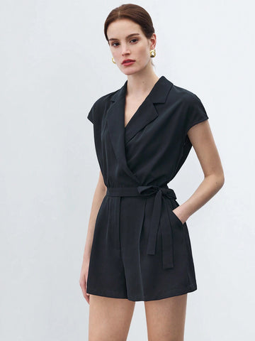 Women Casual Solid Color Lapel Collar Tie Waist Jumpsuit For Spring/Summer