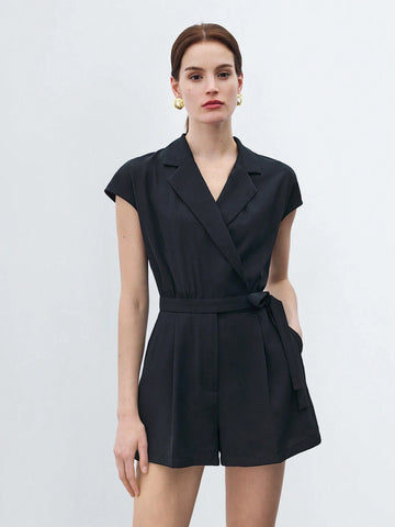 Women Casual Solid Color Lapel Collar Tie Waist Jumpsuit For Spring/Summer