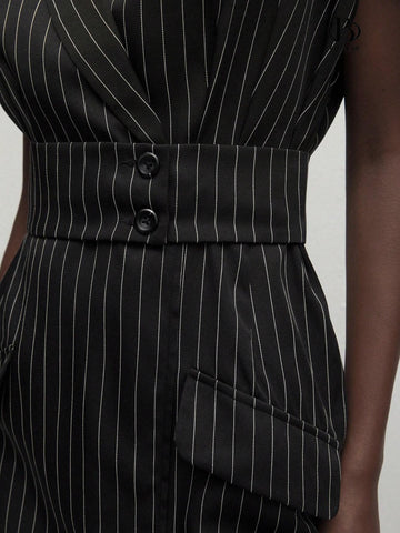 Women Elegant Short Sleeve Striped Turn-Down Collar Dress