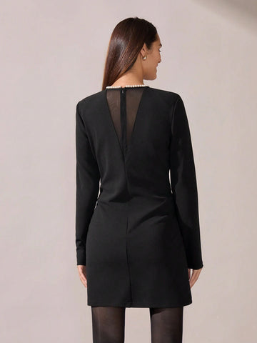 Women Elegant Simple Round Neck Long Sleeve Short Casual Dress, Autumn