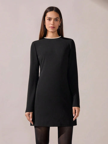 Women Elegant Simple Round Neck Long Sleeve Short Casual Dress, Autumn