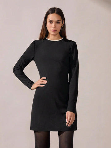Women Elegant Simple Round Neck Long Sleeve Short Casual Dress, Autumn