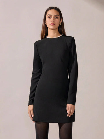 Women Elegant Simple Round Neck Long Sleeve Short Casual Dress, Autumn