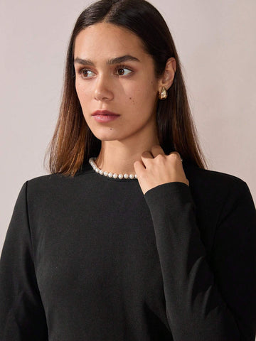 Women Elegant Simple Round Neck Long Sleeve Short Casual Dress, Autumn