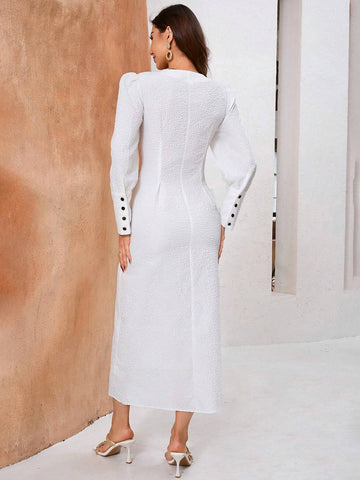 Women Elegant Solid Texture Lantern Sleeve Single-Breasted Dress