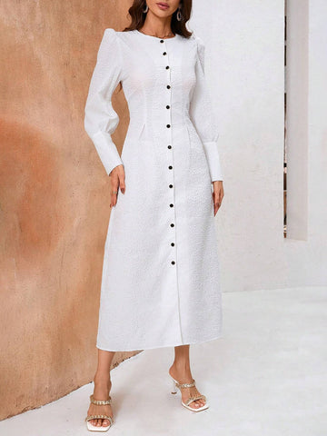 Women Elegant Solid Texture Lantern Sleeve Single-Breasted Dress