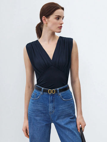 Women Fashion Solid Color Sleeveless V-Neck Jumpsuit