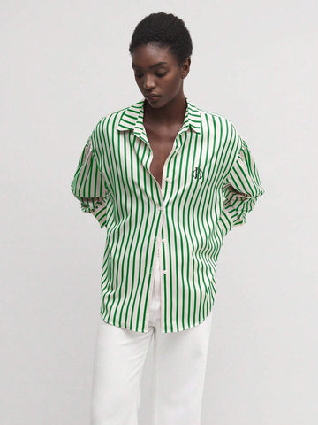 BIZwear Women Front Button Long Sleeve Striped Casual Blouse, Daily Wear