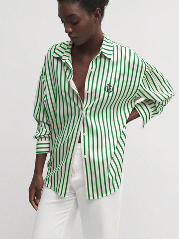 BIZwear Women Front Button Long Sleeve Striped Casual Blouse, Daily Wear