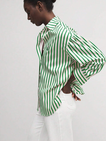 BIZwear Women Front Button Long Sleeve Striped Casual Blouse, Daily Wear