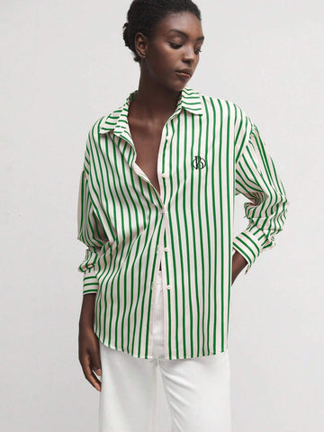 BIZwear Women Front Button Long Sleeve Striped Casual Blouse, Daily Wear