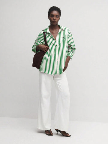 BIZwear Women Front Button Long Sleeve Striped Casual Blouse, Daily Wear