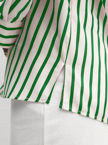 BIZwear Women Front Button Long Sleeve Striped Casual Blouse, Daily Wear