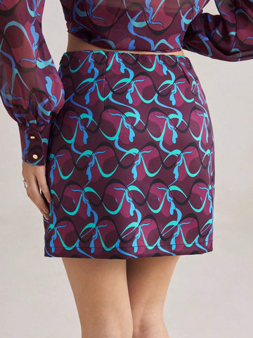 BIZwear Women Purple Geometric Print Skirt, Autumn/Winter, Christmas,  New Year, Party, Holiday,Thanksgiving