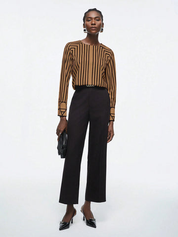 BIZwear Women Round Neck Long Sleeve Striped Minimalist Shirt, Casual For Daily Wear