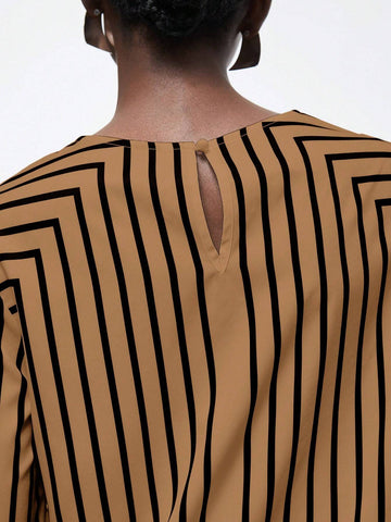 BIZwear Women Round Neck Long Sleeve Striped Minimalist Shirt, Casual For Daily Wear