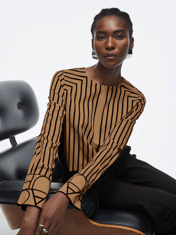 BIZwear Women Round Neck Long Sleeve Striped Minimalist Shirt, Casual For Daily Wear