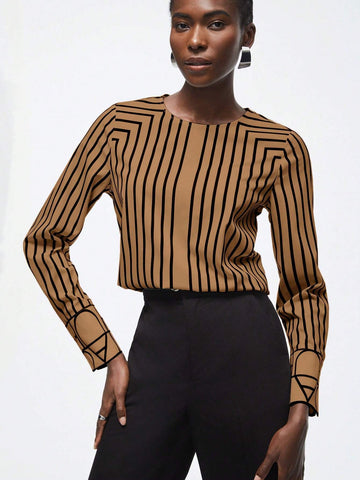 BIZwear Women Round Neck Long Sleeve Striped Minimalist Shirt, Casual For Daily Wear