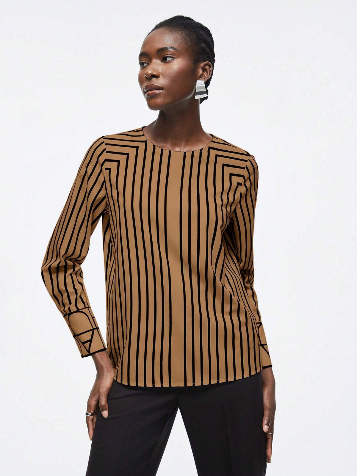 BIZwear Women Round Neck Long Sleeve Striped Minimalist Shirt, Casual For Daily Wear